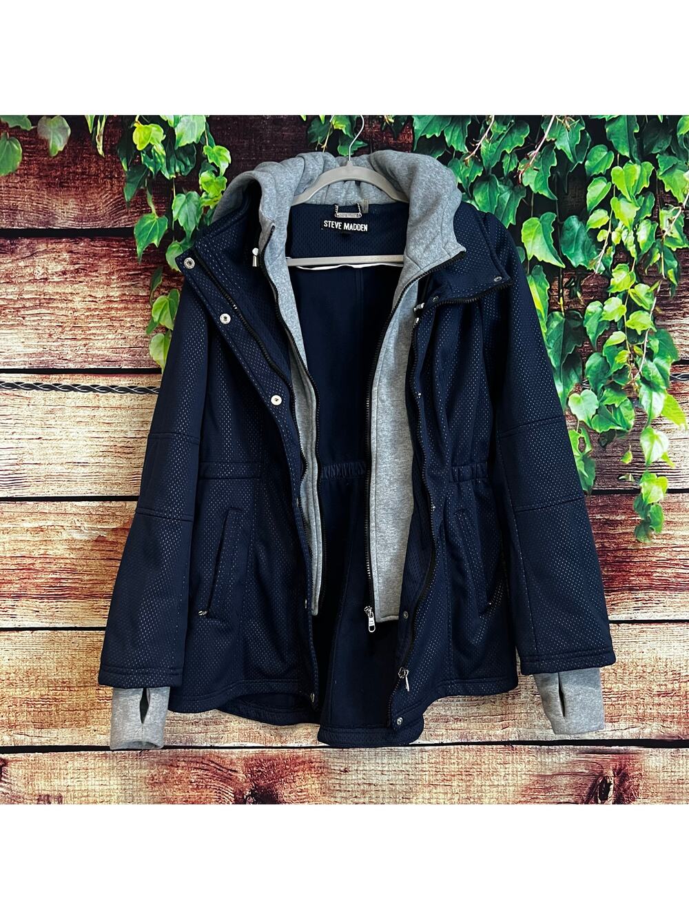 Steve Madden Layered Jacket Coat Womens Medium Full Zip Hoodie Cuffs Blue Gray